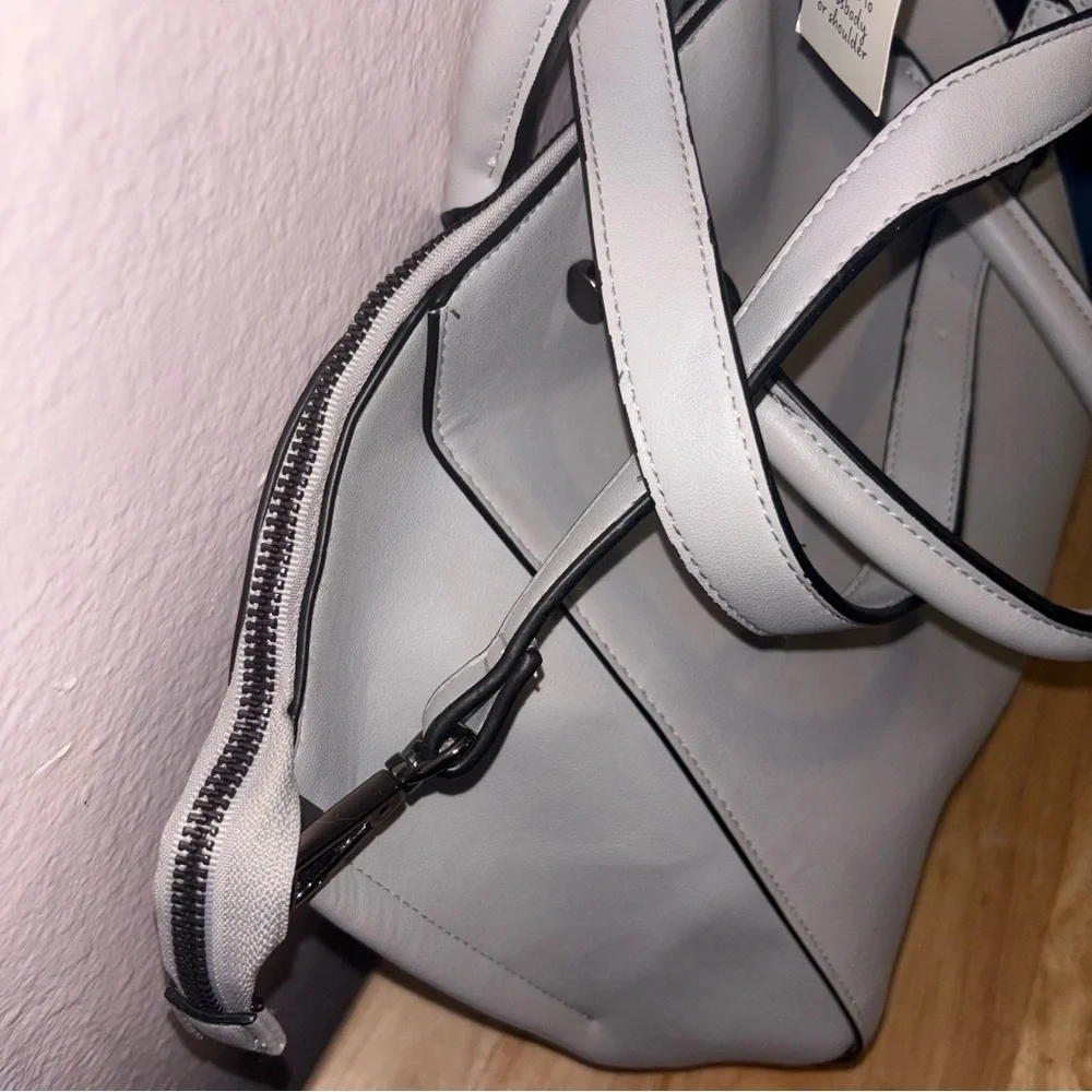 Structured Large Light Gray Satchel, Purse with Shoulder Strap